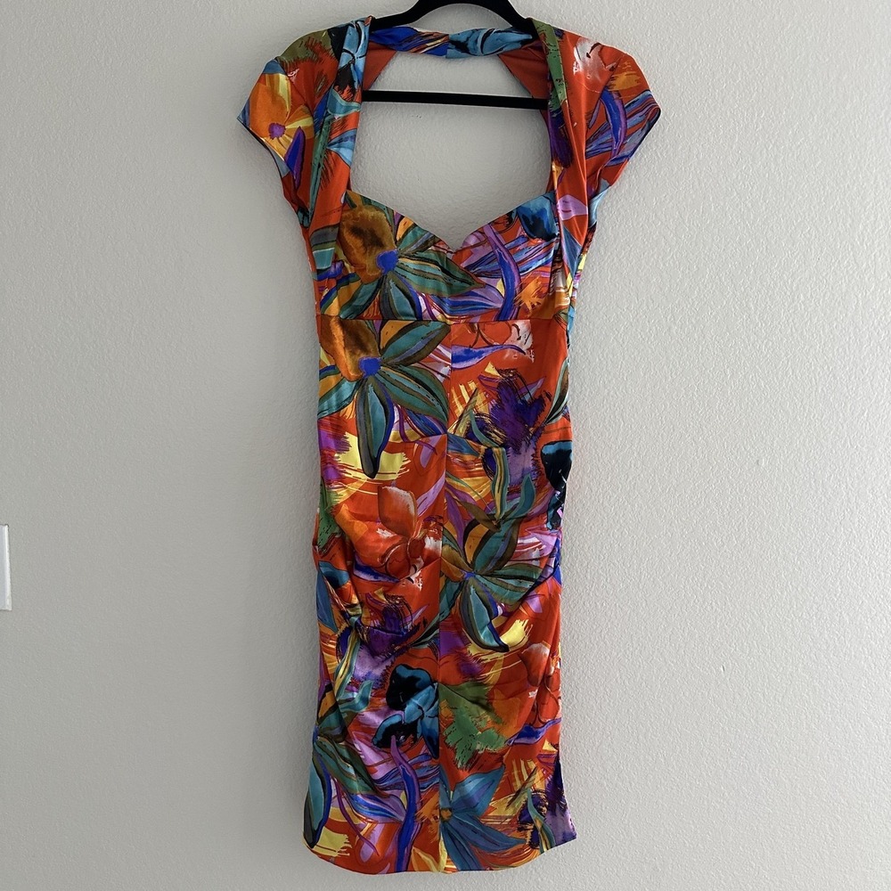 Cache Floral Bodycon Dress Women 10 Orange Tropical Ruched Cutout Back Y2K